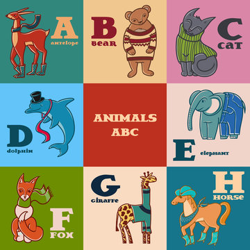 Cartoon doodle animals: antelope, bear, cat, dolphin, elephant, fox, giraffe, horse. Parts of animals alphabet, letters a-h.