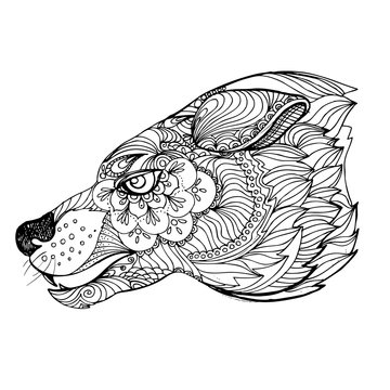 hand drawn ink doodle wolf  on white background. Coloring page - zendala, design forr adults, poster, print, t-shirt, invitation, banners, flyers.