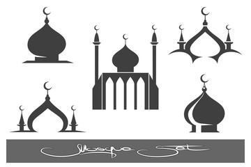 Mosques icons. Black mosque emblems set. Vector illustration
