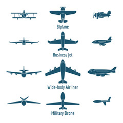 Different airplanes types. Retro plane and business jet, passenger plane and military drone. Vector illustration © vectortatu