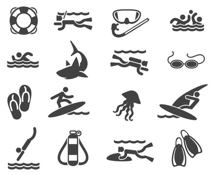 Sea Beach Swimming Pictograms. Swimming and scuba diving icons. Vector illustration