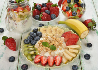 Fruit salad with yogurt and muesli