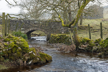 Fototapeta na wymiar Traditional stone bridge and barn on a misty morning in Crey, Bishopdale, Yorkshire Dales National Park.