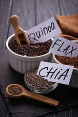 Various superfoods chia, quinoa, flax seed