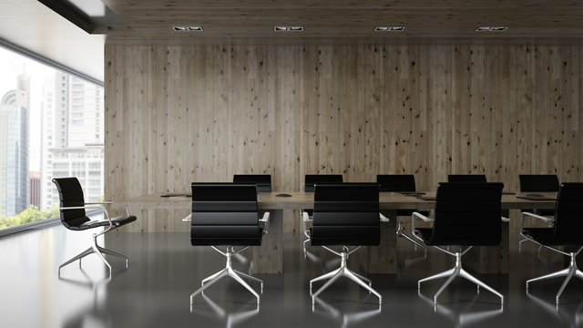 Interior of  boardroom with wooden wall 3D rendering