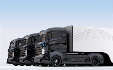 Hybrid electric trucks arranged in line. 3D rendering image with clipping path.