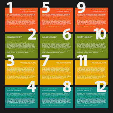 12 Twelve colorful text box with steps for infographics