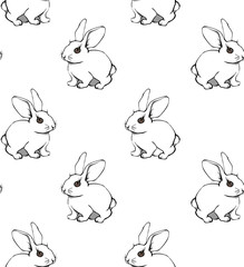 Seamless vintage pattern with ink hand drawn hare illustrations. Vector Easter background.