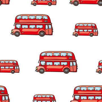Funny cute hand drawn kids toy transport. Baby bright cartoon bus vector seamless pattern on white background. Set of isolated elements. Chess grid order