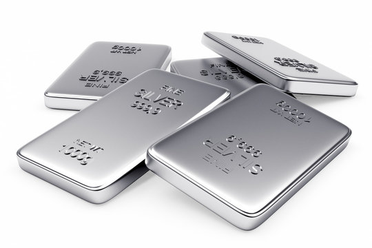 Banking concept. Heap of flat silver bars isolated on a white background.