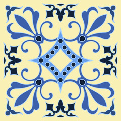 Hand drawing tile pattern in  blue and yellow colors. Italian majolica style.