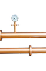 Pressure gauge meter on copper pipes on white background.