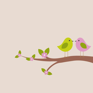 Vector frame card for the spring theme. Love birds sitting on a tree branch with flowers.