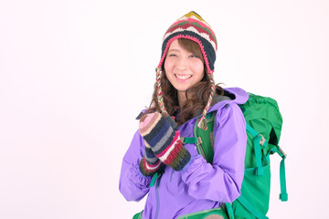 山ガール　日本人女性　白バック