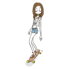 Cute girl on longboard - Illustration.