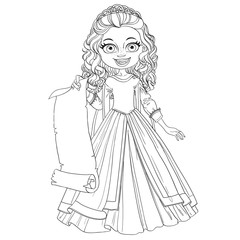 Beautiful young princess holding a blank sheet of parchment  out