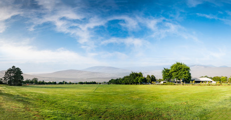 Green grass field and mountain in horizon