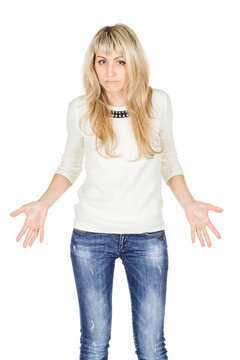 Portrait of young woman with surprised expression. human emotion expression and lifestyle concept. image on a white studio background.
