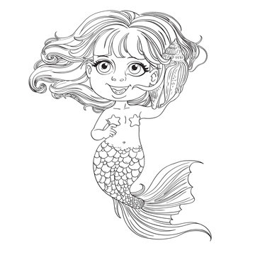 Little girl mermaid hears sounds in shell outlined