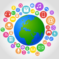 World globe with app icon, Business software and social media networking service concept