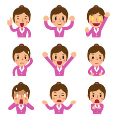 Cartoon businesswoman faces showing different emotions