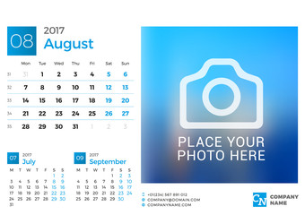 Desk Calendar for 2017 Year. Vector Design Print Template with Place for Photo. August. Week Starts Monday. 3 Months on Page