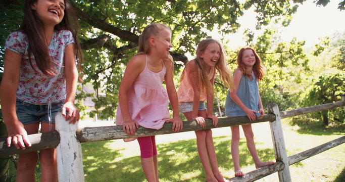 Little girls standing on a rustic wooden fence under tree