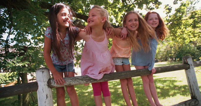 Little girls on fence under a tree on summer day