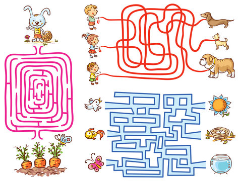 Labyrinth games set for preschoolers: find the way or match elements
