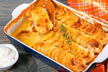 Au Gratin Dauphinois, Potatoes baked in a baking dish, close-up