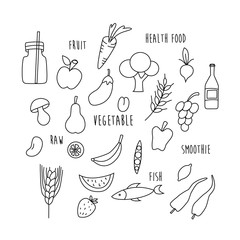 Health food illustration. Fruit, vegetable, fish icons. Health, raw food. Line design.