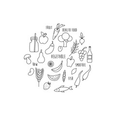 Health food illustration. Fruit, vegetable, fish icons. Health, raw food. Line design.