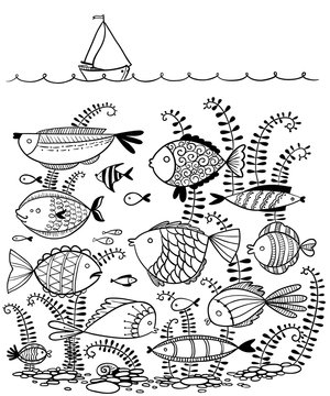 doodle illustration with underwater fishes and sailing ship