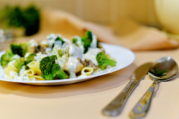 home kitchen. Pasta cooked at home. Tasty food