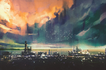 Naklejka premium landscape digital painting of sci-fi city