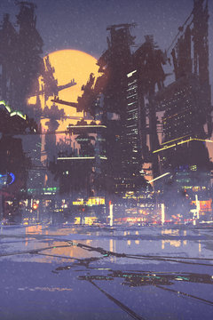 illustration painting of sci-fi city