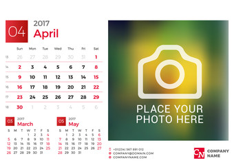 Desk Calendar for 2017 Year. Vector Design Print Template with Place for Photo. April. Week Starts Sunday. 3 Months on Page