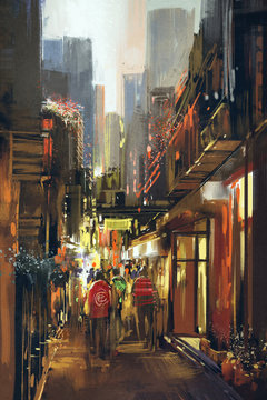 people in alleyway,illustration painting