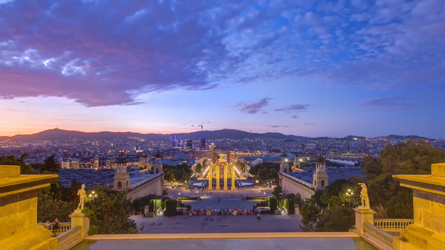 View of the Venetian Tower on Espanya square day to night timelapse, Tibidabo on background. barcelona. Spain.