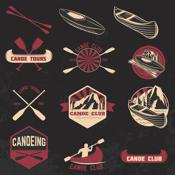 Set of canoe club labels, badges and design elements.