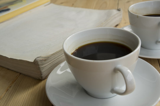 cup of coffee morning with book