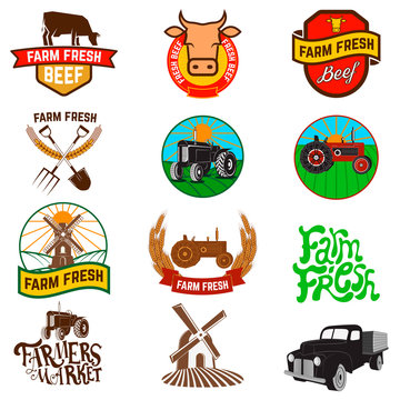 Set of farm fresh products labels, emblems and design elements.