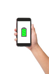 Hand holding smart phone with full battery icon
