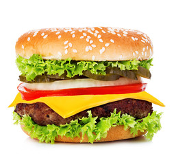 Big burger, hamburger, cheeseburger close-up isolated on a white background.