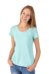 Fototapeta premium Young girl in casual clothes smiling. White background