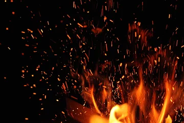 Aluminium Prints Flame burning log and fire spark