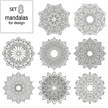 Set of eight mandalas. Geometric circle element made in a vector. It can be used for different type design, birthday and other holiday, color book, T-shirts, medallions, yoga, India, Arabic