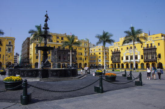 Fountain in Plaza Mayor (formerly, Plaza de Armas) in Lima, Peru