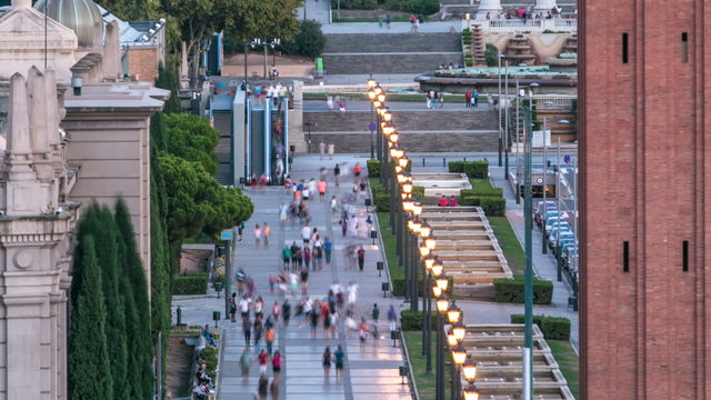 Venetian Towers timelapse lead the way to the MNAC Fine Arts Museum via Avinguda de la Reina Maria Cristina in Barcelona Spain