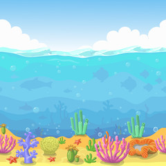 Obraz na płótnie Canvas Seamless underwater landscape in cartoon style. fish and coral. Vector illustration 